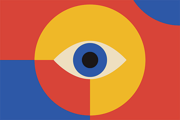 Design of geometric shapes in red, blue, yellow, and beige with a blue eye in the center